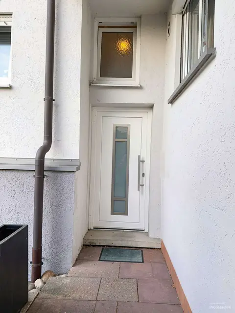 Hauseingang mit weißer Haustür, mit KI bearbeitet